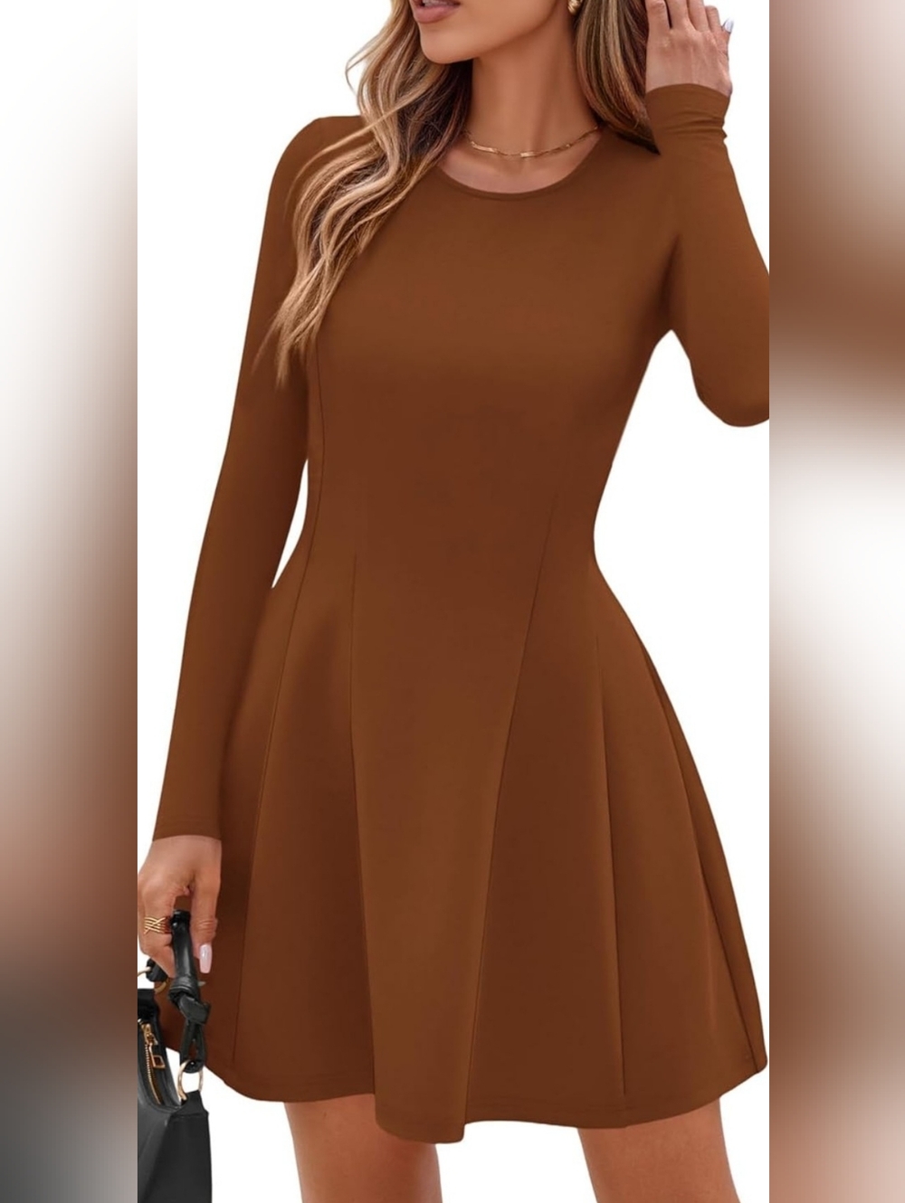 Classic Long-Sleeve Fit & Flare Dress in Brown